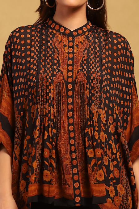 Ritu Kumar Black Chinon, Silk Mandarin Collar, V-neck Floral Print Cape Top at Aza Fashions Ritu Kumar_Black Chinon, Silk Mandarin Collar, V-neck Floral Print Cape Top _at_Aza_Fashions