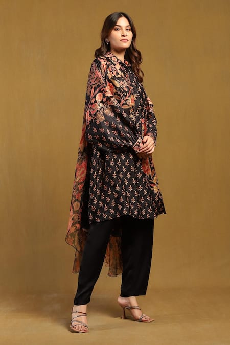 Ritu Kumar Black Silk Collared Floral Print Asymmetric Shirt Tunic Online at Aza Fashions Ritu Kumar_Black Silk Collared Floral Print Asymmetric Shirt Tunic _Online_at_Aza_Fashions