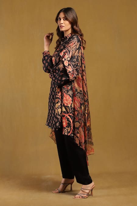 Buy Ritu Kumar Black Silk Collared Floral Print Asymmetric Shirt Tunic Online at Aza Fashions Buy_Ritu Kumar_Black Silk Collared Floral Print Asymmetric Shirt Tunic _Online_at_Aza_Fashions