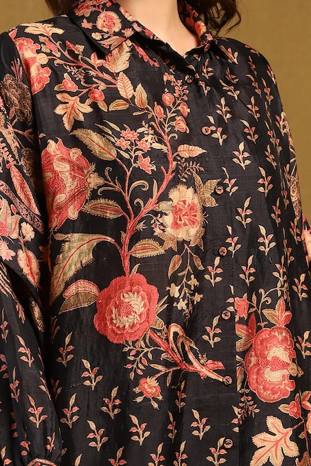 Ritu Kumar Black Silk Collared Floral Print Asymmetric Shirt Tunic at Aza Fashions Ritu Kumar_Black Silk Collared Floral Print Asymmetric Shirt Tunic _at_Aza_Fashions