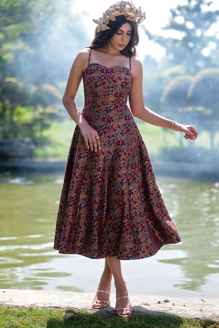 Shop Safaa Multi Color Silk Sweetheart Neck La Fleur Sauvage Floral Pattern Dress Online at Aza Fashions Shop_Safaa_Multi Color Silk Sweetheart Neck La Fleur Sauvage Floral Pattern Dress _Online_at_Aza_Fashions