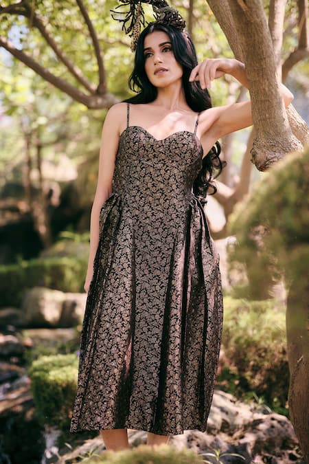 Buy Safaa Black Silk Embroidery Sweetheart Neck La Oree Floral Woven Dress Buy_Safaa_Black Silk Embroidery Sweetheart Neck La Oree Floral Woven Dress