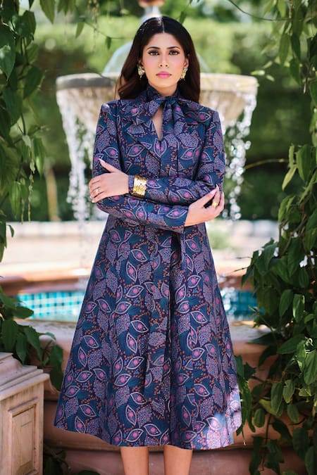 Safaa Blue Silk Collared Le Minuit Bleu Woven Dress at Aza Fashions Safaa_Blue Silk Collared Le Minuit Bleu Woven Dress _at_Aza_Fashions