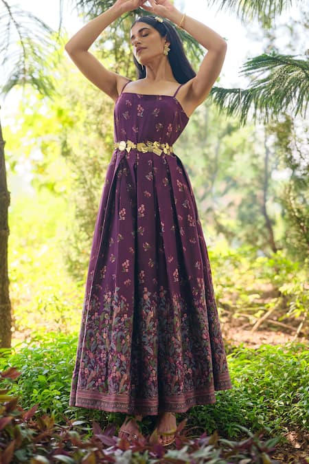 Safaa Purple Silk Embroidery Square Neck Le Temps Des Fleurs Woven Dress at Aza Fashions Safaa_Purple Silk Embroidery Square Neck Le Temps Des Fleurs Woven Dress _at_Aza_Fashions
