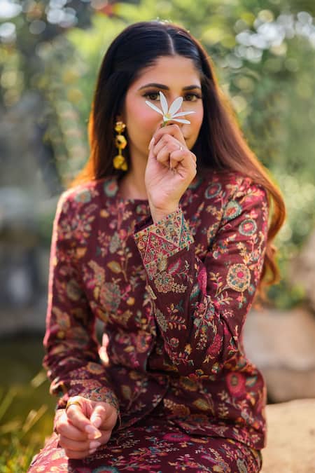 Buy_Safaa_Wine Wool Embroidery Round Neck La Prune Rouge Woven Jacket And Skirt Set _Online_at_Aza_Fashions