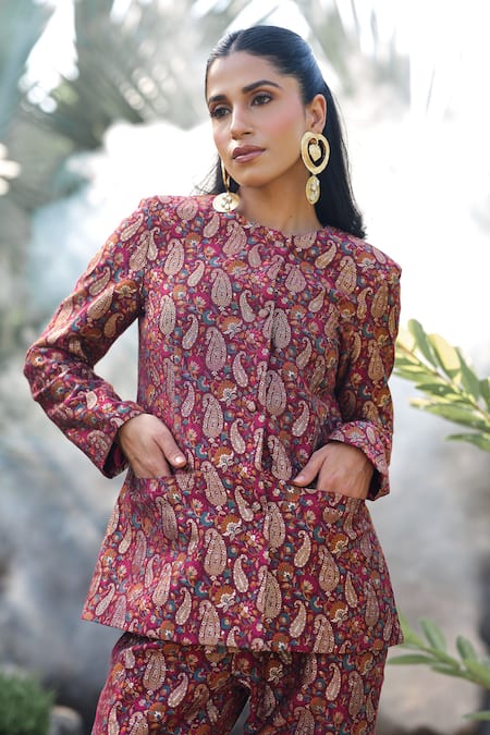 Shop Safaa Burgundy Silk Embroidery Round La Fleur Eclore Paisley Woven Jacket And Pant Set Shop_Safaa_Burgundy Silk Embroidery Round La Fleur Eclore Paisley Woven Jacket And Pant Set