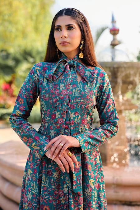 Shop Safaa Turquoise Silk Embroidery V-neck La Folie Bleue Floral Woven Dress Online at Aza Fashions Shop_Safaa_Turquoise Silk Embroidery V-neck La Folie Bleue Floral Woven Dress _Online_at_Aza_Fashions