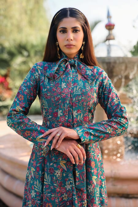 Safaa Turquoise Silk Embroidery V-neck La Folie Bleue Floral Woven Dress at Aza Fashions Safaa_Turquoise Silk Embroidery V-neck La Folie Bleue Floral Woven Dress _at_Aza_Fashions