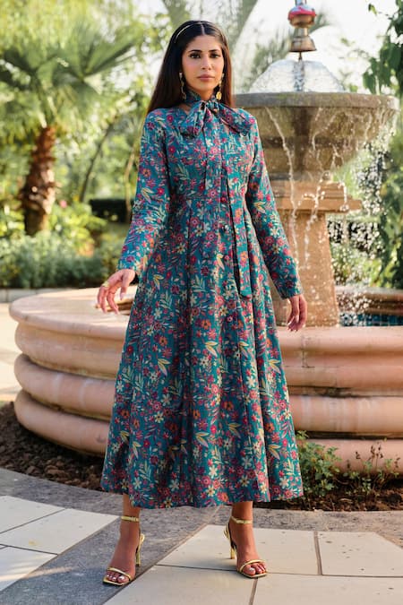 Buy Safaa Turquoise Silk Embroidery V-neck La Folie Bleue Floral Woven Dress Buy_Safaa_Turquoise Silk Embroidery V-neck La Folie Bleue Floral Woven Dress