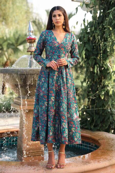 Shop Safaa Turquoise Silk Embroidery V-neck La Folie Bleue Floral Woven Dress Shop_Safaa_Turquoise Silk Embroidery V-neck La Folie Bleue Floral Woven Dress