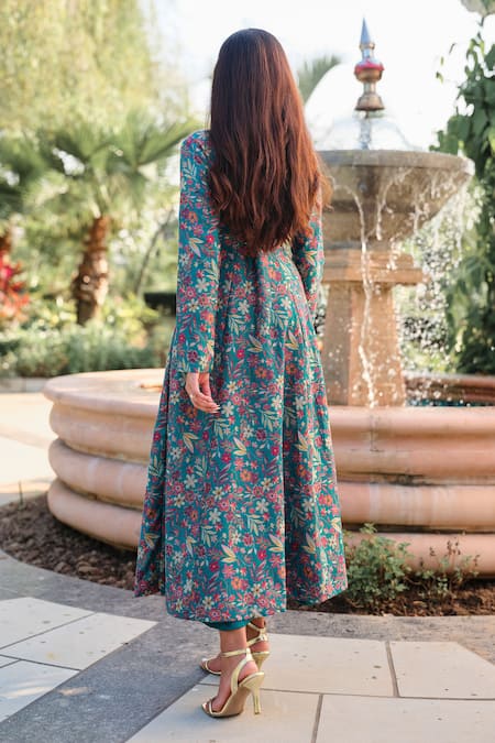 Safaa Turquoise Silk Embroidery V-neck La Folie Bleue Floral Woven Dress Online at Aza Fashions Safaa_Turquoise Silk Embroidery V-neck La Folie Bleue Floral Woven Dress _Online_at_Aza_Fashions