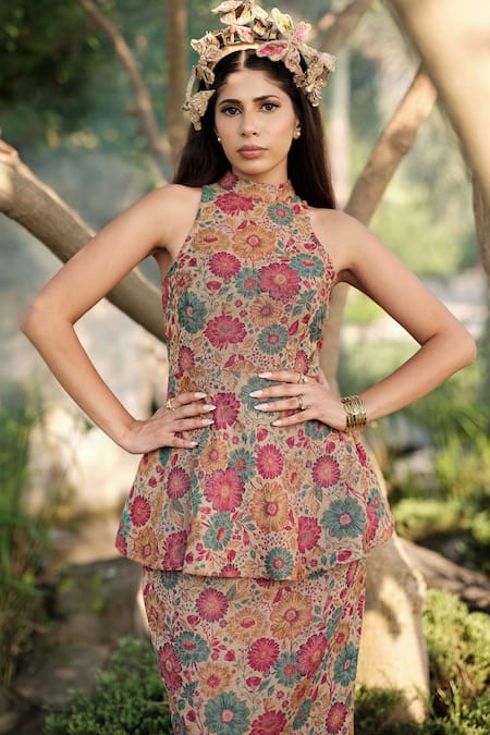 Shop_Safaa_Beige Wool Embroidery High Neck Le Tournesol Floral Woven Peplum Top With Skirt _Online_at_Aza_Fashions