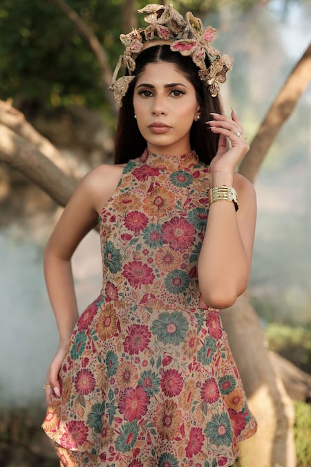 Safaa_Beige Wool Embroidery High Neck Le Tournesol Floral Woven Peplum Top With Skirt _at_Aza_Fashions