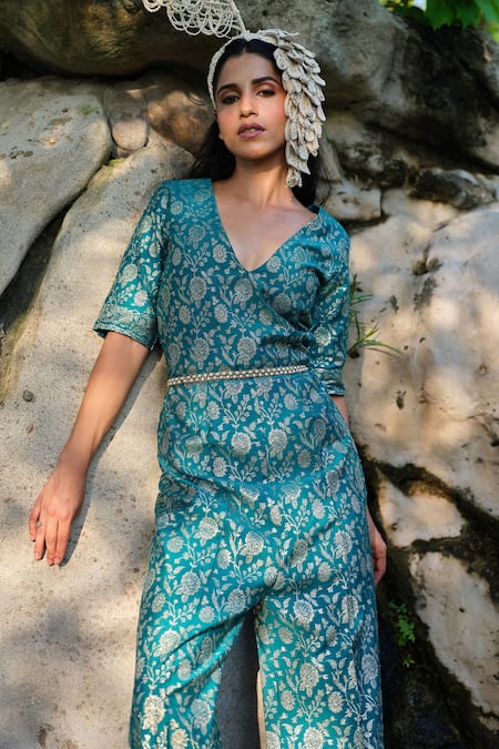 Buy_Safaa_Turquoise Silk Embroidery V-neck Le Ciel Floral Woven Jumpsuit _Online_at_Aza_Fashions