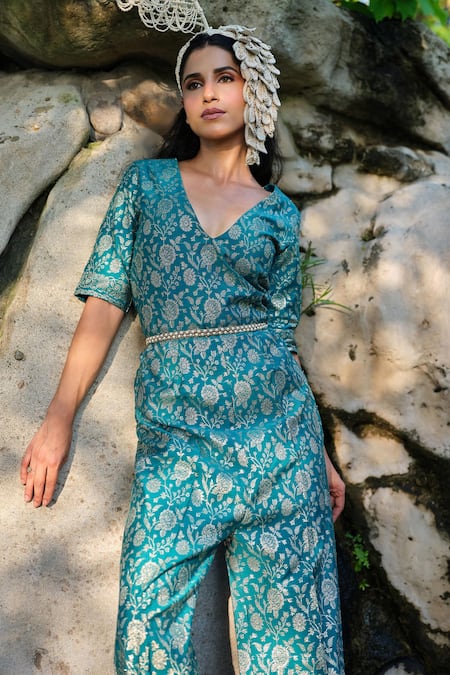 Shop_Safaa_Turquoise Silk Embroidery V-neck Le Ciel Floral Woven Jumpsuit _Online_at_Aza_Fashions