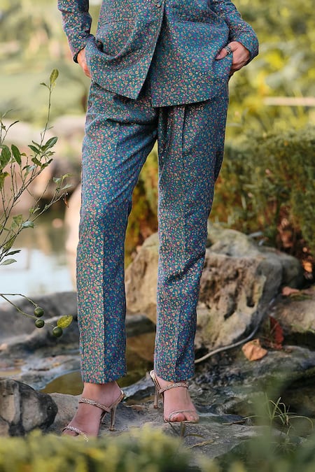 Safaa_Turquoise Silk Embroidery La Cote Dazur Kani Woven Blazer And Pant Set _Online_at_Aza_Fashions