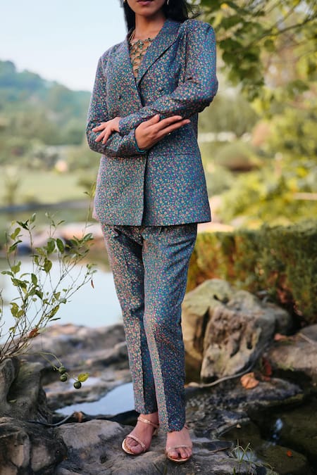 Buy_Safaa_Turquoise Silk Embroidery La Cote Dazur Kani Woven Blazer And Pant Set _Online_at_Aza_Fashions