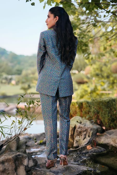 Shop_Safaa_Turquoise Silk Embroidery La Cote Dazur Kani Woven Blazer And Pant Set _Online_at_Aza_Fashions