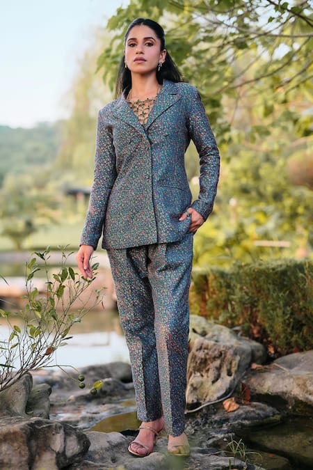 Safaa_Turquoise Silk Embroidery La Cote Dazur Kani Woven Blazer And Pant Set _at_Aza_Fashions