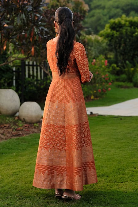 Safaa Orange Silk Embroidery V-neck Moonga Woven Weaving Flared Dress Online at Aza Fashions Safaa_Orange Silk Embroidery V-neck Moonga Woven Weaving Flared Dress _Online_at_Aza_Fashions