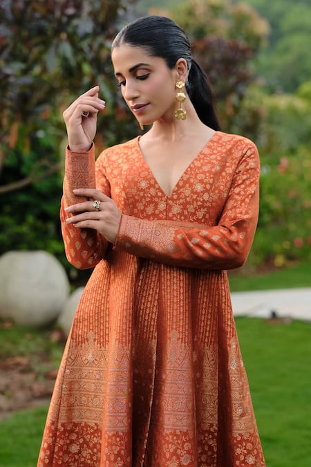Buy Safaa Orange Silk Embroidery V-neck Moonga Woven Weaving Flared Dress Online at Aza Fashions Buy_Safaa_Orange Silk Embroidery V-neck Moonga Woven Weaving Flared Dress _Online_at_Aza_Fashions