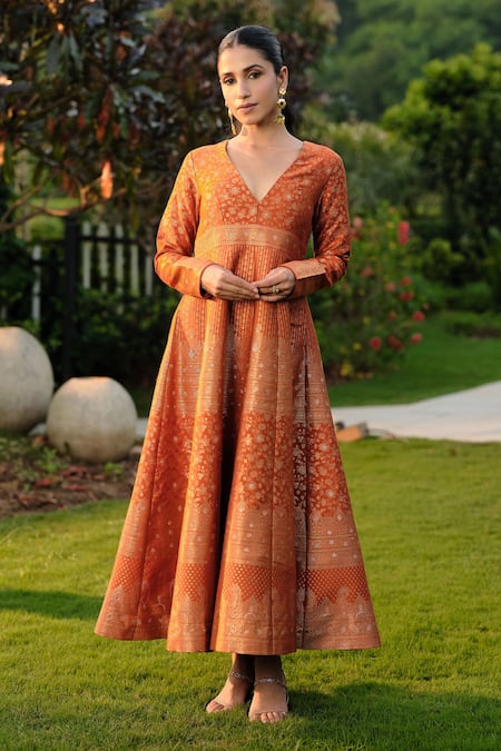 Shop Safaa Orange Silk Embroidery V-neck Moonga Woven Weaving Flared Dress Online at Aza Fashions Shop_Safaa_Orange Silk Embroidery V-neck Moonga Woven Weaving Flared Dress _Online_at_Aza_Fashions