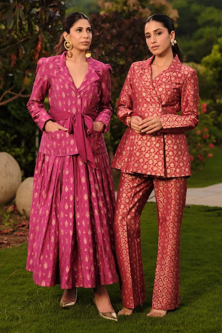 Buy Safaa Magenta Silk Embroidery, Zari La Belle De Jour Woven Blazer And Skirt Set Buy_Safaa_Magenta Silk Embroidery, Zari La Belle De Jour Woven Blazer And Skirt Set