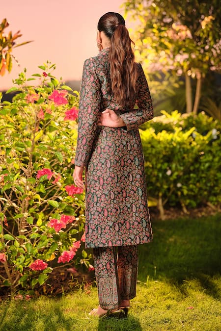 Shop_Safaa_Green Silk Embroidery V-neck, Collared Le Jardin Damour Woven Jacket And Pant Set _Online_at_Aza_Fashions