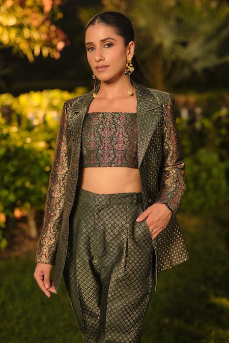 Safaa_Green Silk Embroidery Square Neck La Clair De Lune Woven Blazer Pant Set _Online_at_Aza_Fashions