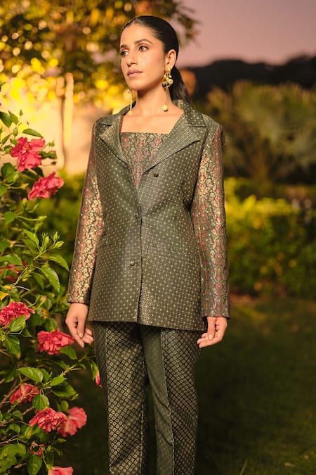 Shop_Safaa_Green Silk Embroidery Square Neck La Clair De Lune Woven Blazer Pant Set _Online_at_Aza_Fashions