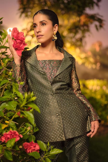 Safaa_Green Silk Embroidery Square Neck La Clair De Lune Woven Blazer Pant Set _at_Aza_Fashions