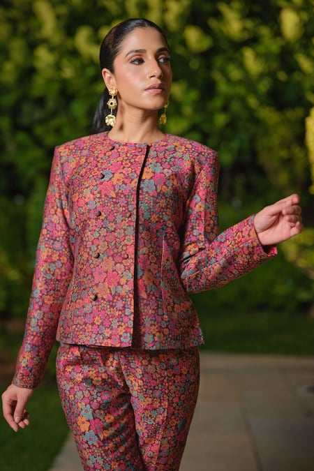 Safaa_Burgundy Silk Embroidery Round Neck La Petite Fleur Woven Jacket And Pant Set _at_Aza_Fashions