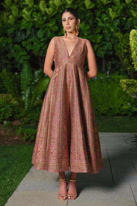 Buy Safaa Brown Silk Embroidery V-neck La Etoile Filante Floral Woven Dress Online at Aza Fashions Buy_Safaa_Brown Silk Embroidery V-neck La Etoile Filante Floral Woven Dress _Online_at_Aza_Fashions