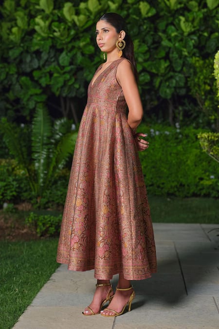 Shop Safaa Brown Silk Embroidery V-neck La Etoile Filante Floral Woven Dress Online at Aza Fashions Shop_Safaa_Brown Silk Embroidery V-neck La Etoile Filante Floral Woven Dress _Online_at_Aza_Fashions