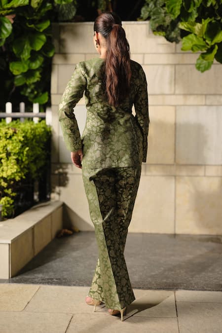 Safaa_Green Silk Embroidery V-neck Floral Woven Peplum Jacket And Pant Set _Online_at_Aza_Fashions