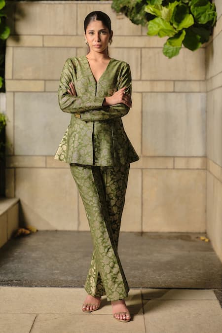 Safaa Floral Woven Peplum Jacket & Pant Set 