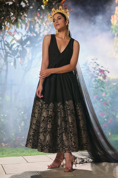 Safaa Leclat Noir Moonga Silk Woven Dress 