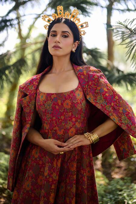 Safaa_Magenta Silk Embroidery Square La Rouge Lumiere Floral Woven Dress With Blazer _Online_at_Aza_Fashions