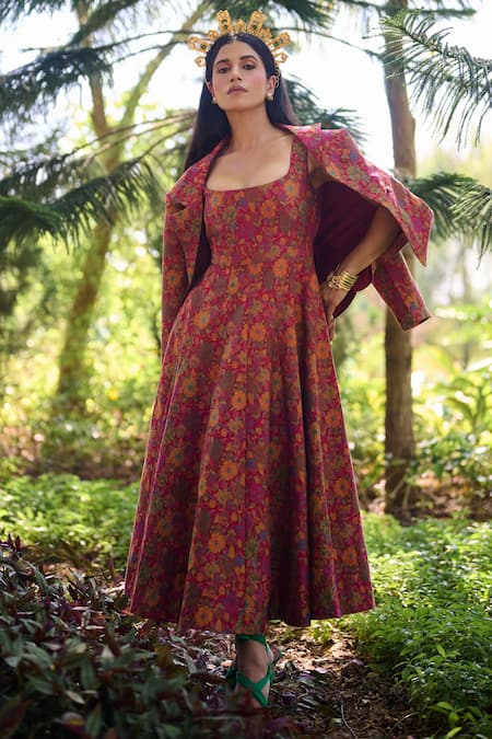 Shop_Safaa_Magenta Silk Embroidery Square La Rouge Lumiere Floral Woven Dress With Blazer _Online_at_Aza_Fashions