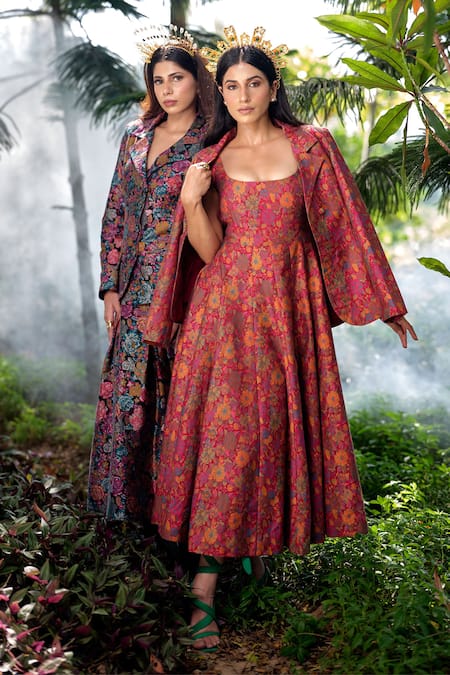 Safaa_Magenta Silk Embroidery Square La Rouge Lumiere Floral Woven Dress With Blazer _at_Aza_Fashions