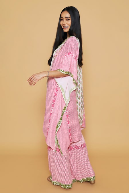 SAKSHI GIRRI_Pink Georgette Sequins, Stones, Beads Floral Print Kaftan And Bell Bottom Pant Set_Online_at_Aza_Fashions