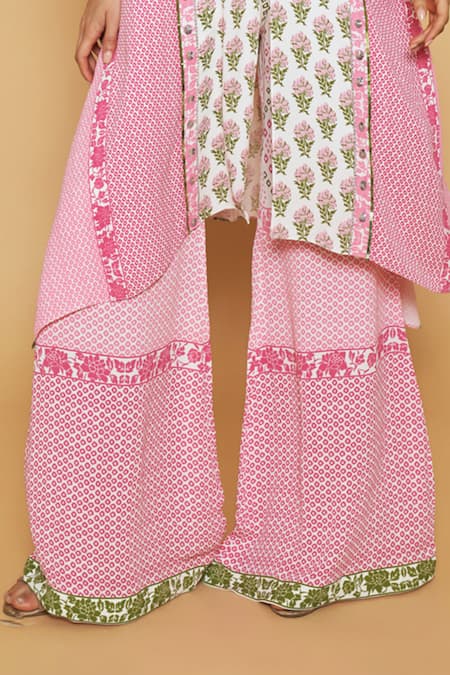 Shop_SAKSHI GIRRI_Pink Georgette Sequins, Stones, Beads Floral Print Kaftan And Bell Bottom Pant Set_Online_at_Aza_Fashions