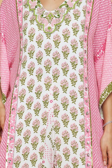 SAKSHI GIRRI_Pink Georgette Sequins, Stones, Beads Floral Print Kaftan And Bell Bottom Pant Set_at_Aza_Fashions