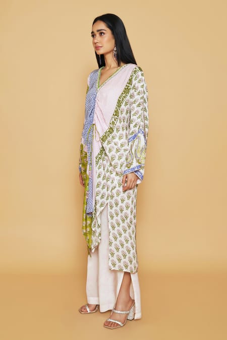 SAKSHI GIRRI Multi Color Crepe Sequins, Stones, Beads V-neck Printed Kaftan And Pant Set Online at Aza Fashions SAKSHI GIRRI_Multi Color Crepe Sequins, Stones, Beads V-neck Printed Kaftan And Pant Set_Online_at_Aza_Fashions