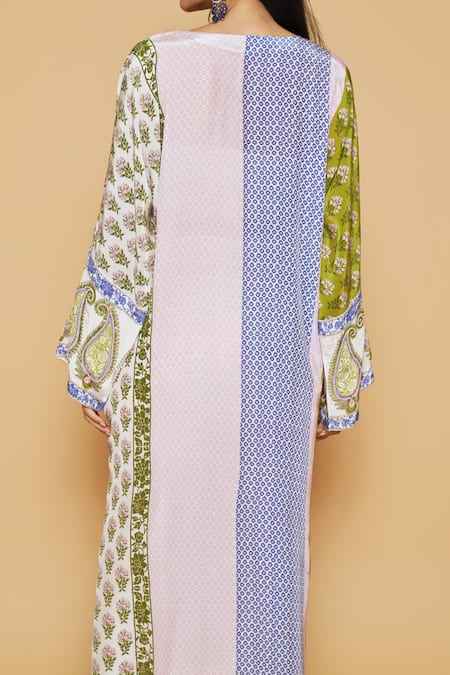 Buy SAKSHI GIRRI Multi Color Crepe Sequins, Stones, Beads V-neck Printed Kaftan And Pant Set Online at Aza Fashions Buy_SAKSHI GIRRI_Multi Color Crepe Sequins, Stones, Beads V-neck Printed Kaftan And Pant Set_Online_at_Aza_Fashions