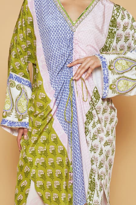 Shop SAKSHI GIRRI Multi Color Crepe Sequins, Stones, Beads V-neck Printed Kaftan And Pant Set Online at Aza Fashions Shop_SAKSHI GIRRI_Multi Color Crepe Sequins, Stones, Beads V-neck Printed Kaftan And Pant Set_Online_at_Aza_Fashions