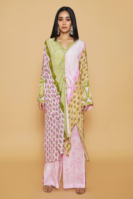 Buy SAKSHI GIRRI Green Crepe Sequins, Stones, Beads V-neck Printed Drawstring Kaftan And Pant Set Online at Aza Fashions Buy_SAKSHI GIRRI_Green Crepe Sequins, Stones, Beads V-neck Printed Drawstring Kaftan And Pant Set_Online_at_Aza_Fashions