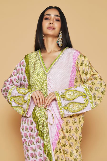 SAKSHI GIRRI Green Crepe Sequins, Stones, Beads V-neck Printed Drawstring Kaftan And Pant Set at Aza Fashions SAKSHI GIRRI_Green Crepe Sequins, Stones, Beads V-neck Printed Drawstring Kaftan And Pant Set_at_Aza_Fashions