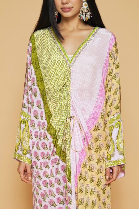 Buy SAKSHI GIRRI Green Crepe Sequins, Stones, Beads V-neck Printed Drawstring Kaftan And Pant Set Buy_SAKSHI GIRRI_Green Crepe Sequins, Stones, Beads V-neck Printed Drawstring Kaftan And Pant Set