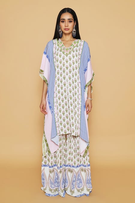 Buy SAKSHI GIRRI Ivory Georgette Sequins, Stones, Beads Floral Printed Kaftan And Sharara Set Online at Aza Fashions Buy_SAKSHI GIRRI_Ivory Georgette Sequins, Stones, Beads Floral Printed Kaftan And Sharara Set_Online_at_Aza_Fashions